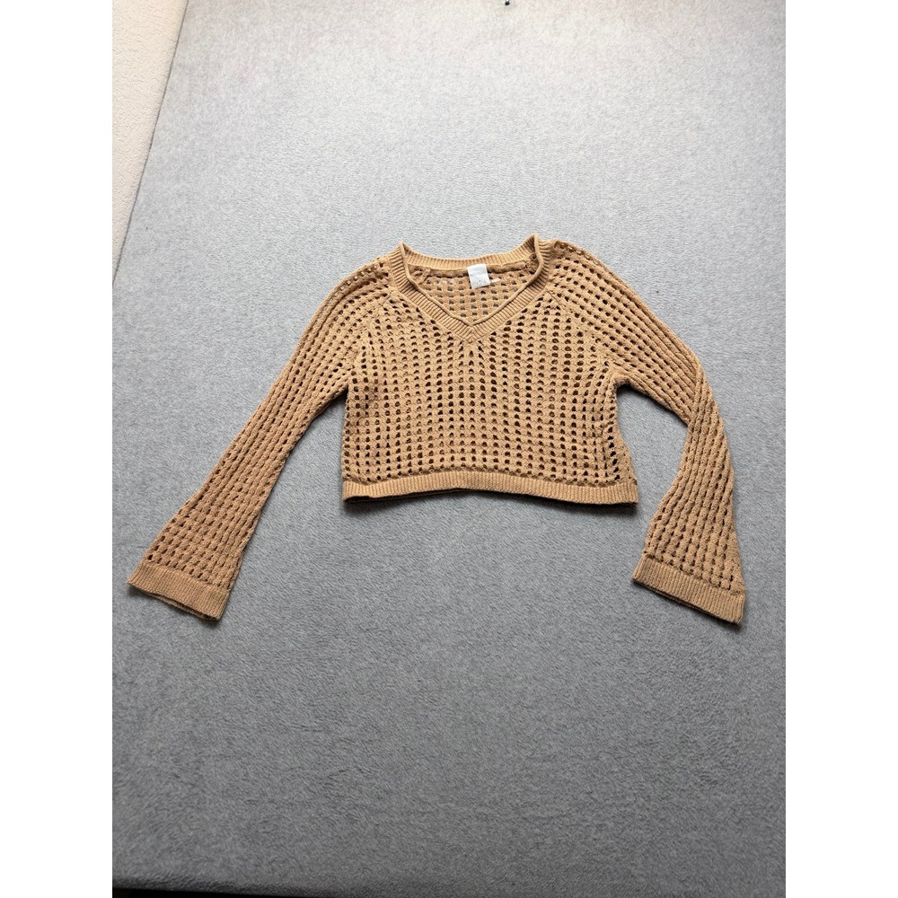 Wild Fable Tan Gold Shimmer Open Knit Cropped Sweater V-Neck Bell Sleeve Medium